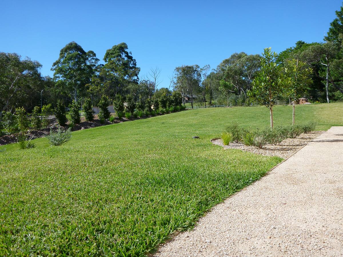 Lawn and decomposed-granite path through a native garden, Duffys Forest