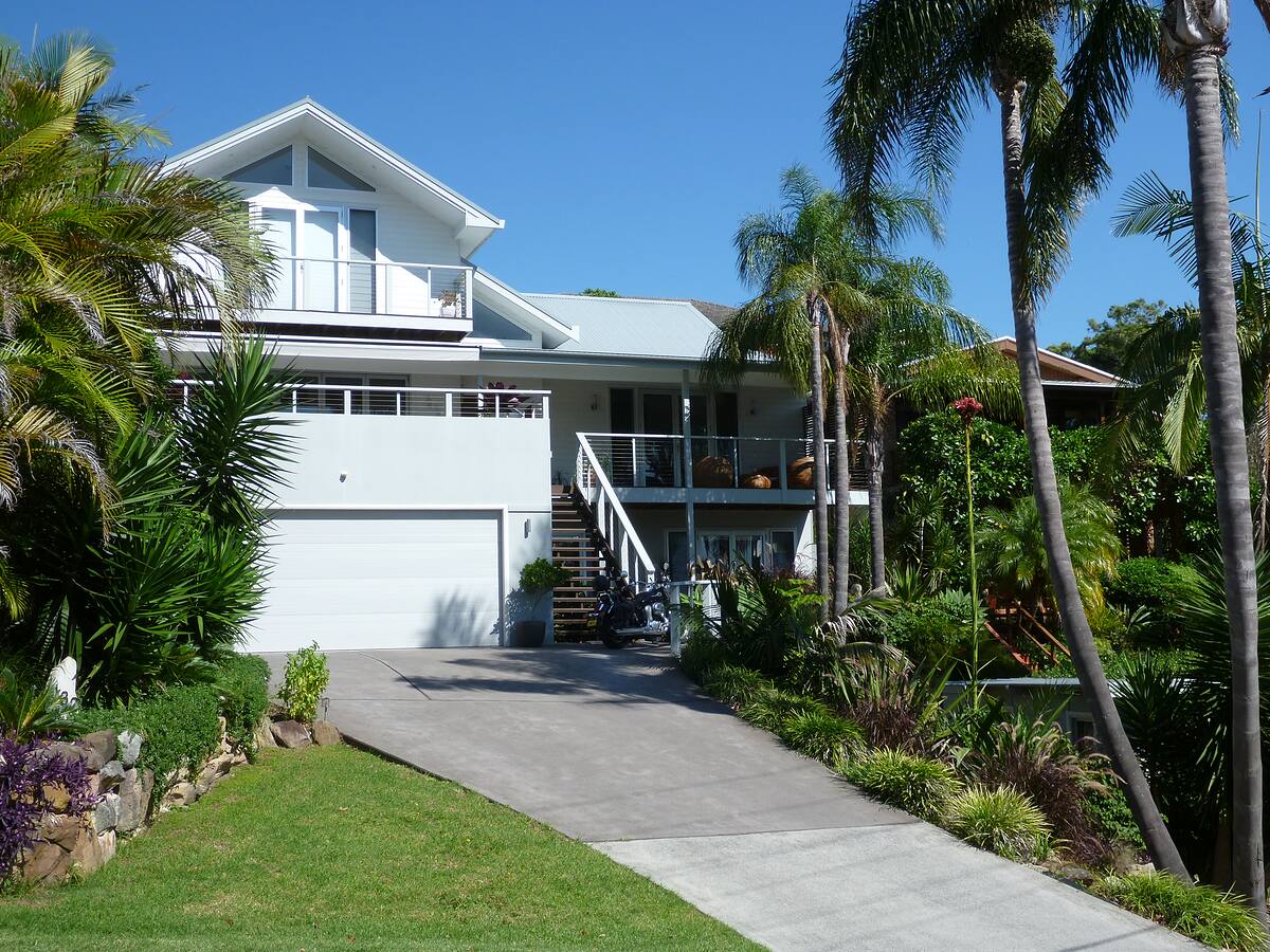 Front garden with palms and layered planting along a driveway