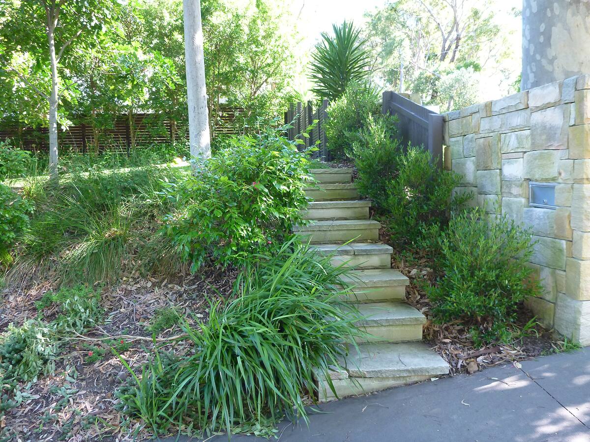 Sandstone block steps climbing through a planted garden