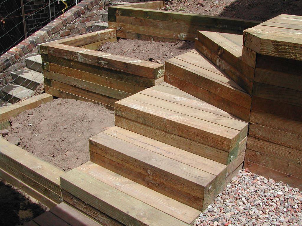 Treated pine sleeper steps in a sloping garden
