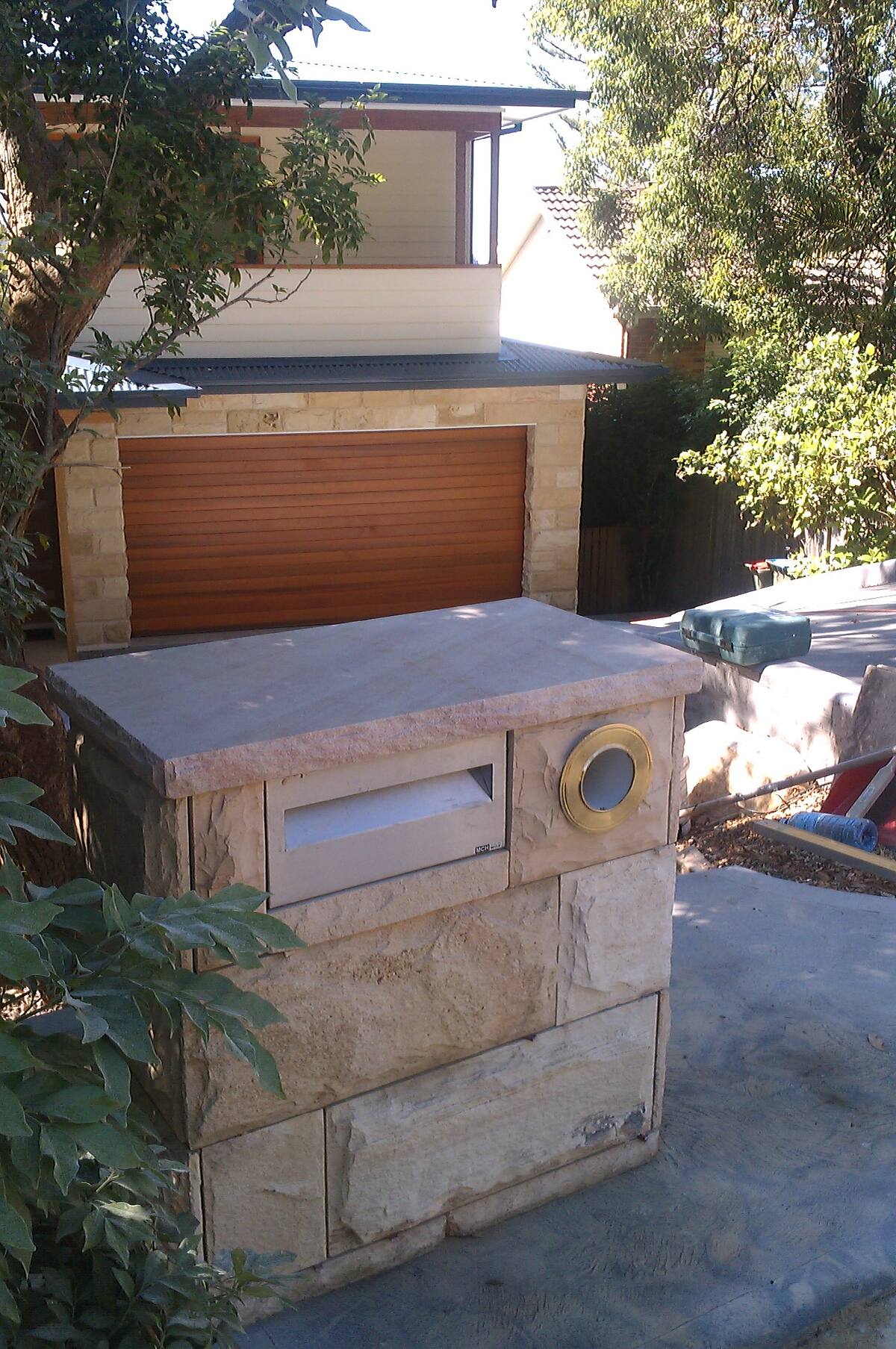 Sandstone letterbox and entry pier in Mona Vale